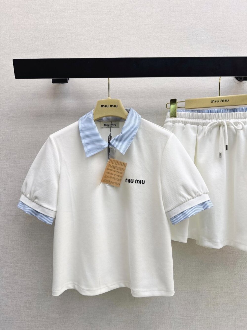 Miu Miu 2‑Piece Set Striped Collar Polo Top & Drawstring Skort White Blue M - Picture 9 of 9